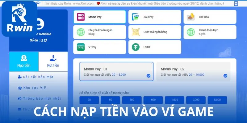 Các hình thức nạp tiền đa dạng và dễ thao tác